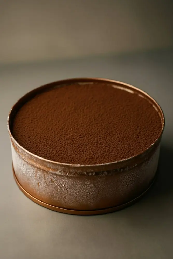 Dream Cake dessert in a round 6 by 2 tin can with cocoa topping