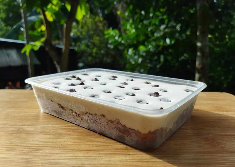 Mocha Supreme dessert in a rectangular tub with chocolate chips